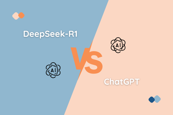 Image comparative entre DeepSeek-R1 et ChatGPT, avec un 'VS' au centre et des icônes d'IA sous chaque nom.