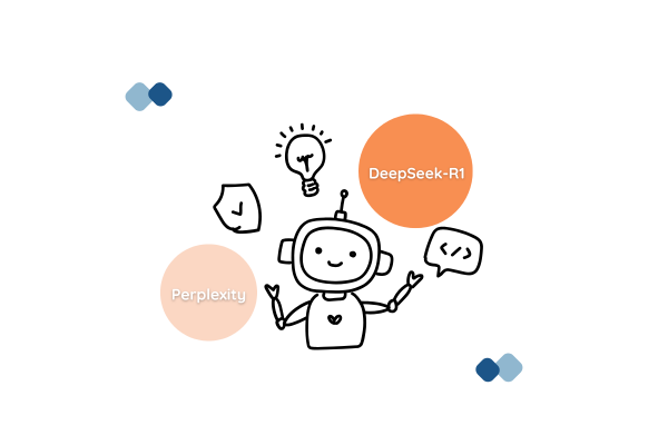 illustration d'un robot tenant dans ses mains une "bulle Perplexity" et une "bulle DeepSeek-R1"