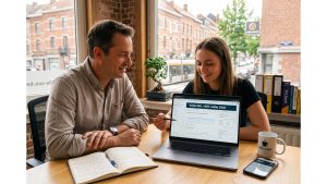 Deux consultants analysent les données de veille SEO et GEO de juillet 2026 sur un ordinateur portable